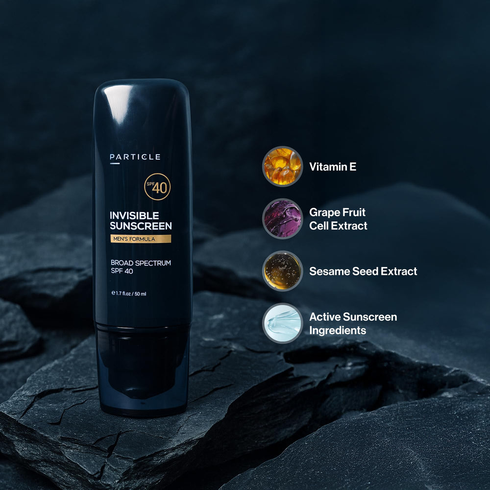 Particle sunscreen held in hand showing 1.7 fl oz size and portability