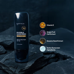 Particle sunscreen held in hand showing 1.7 fl oz size and portability