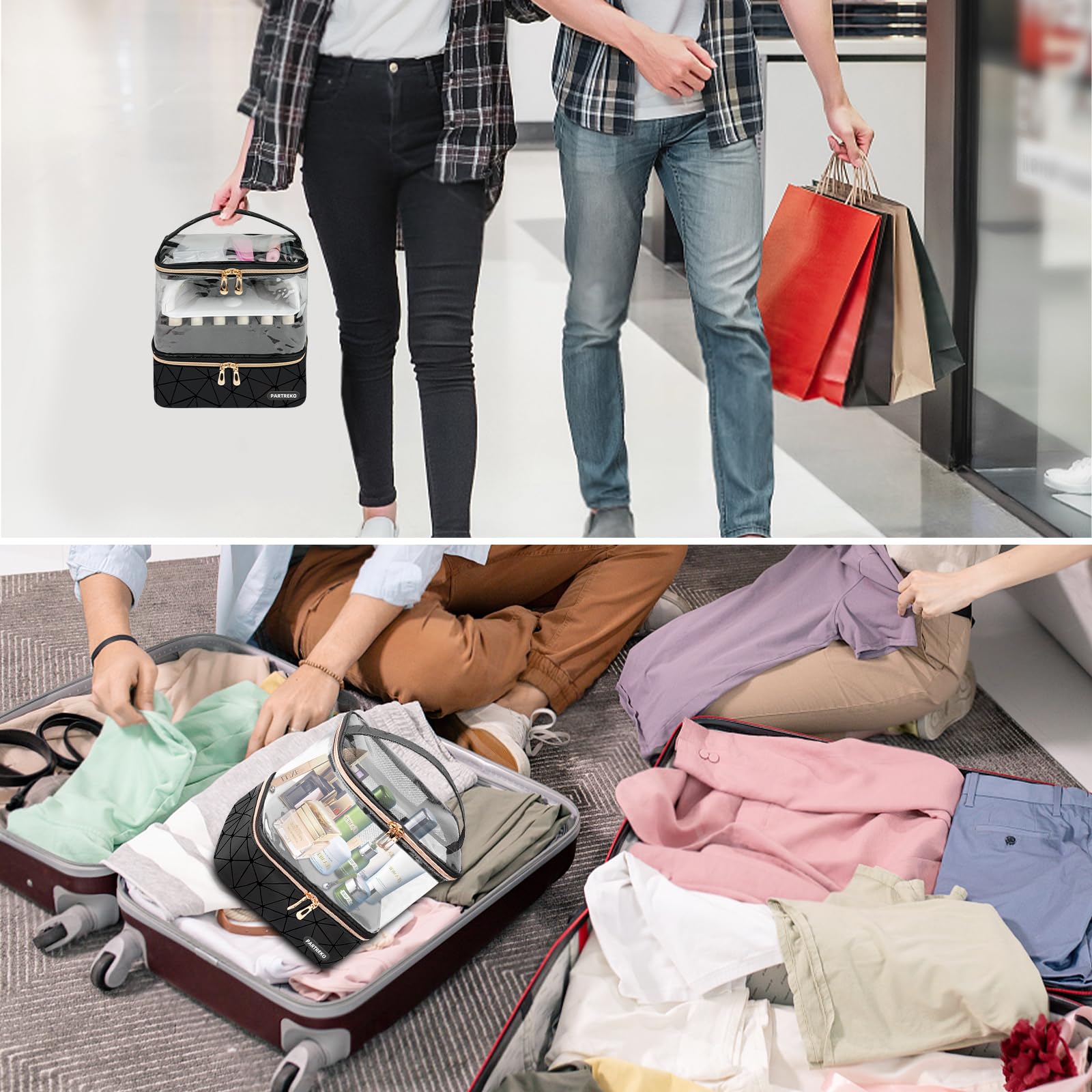 Partreko on suitcase demonstrating travel-friendly storage benefit