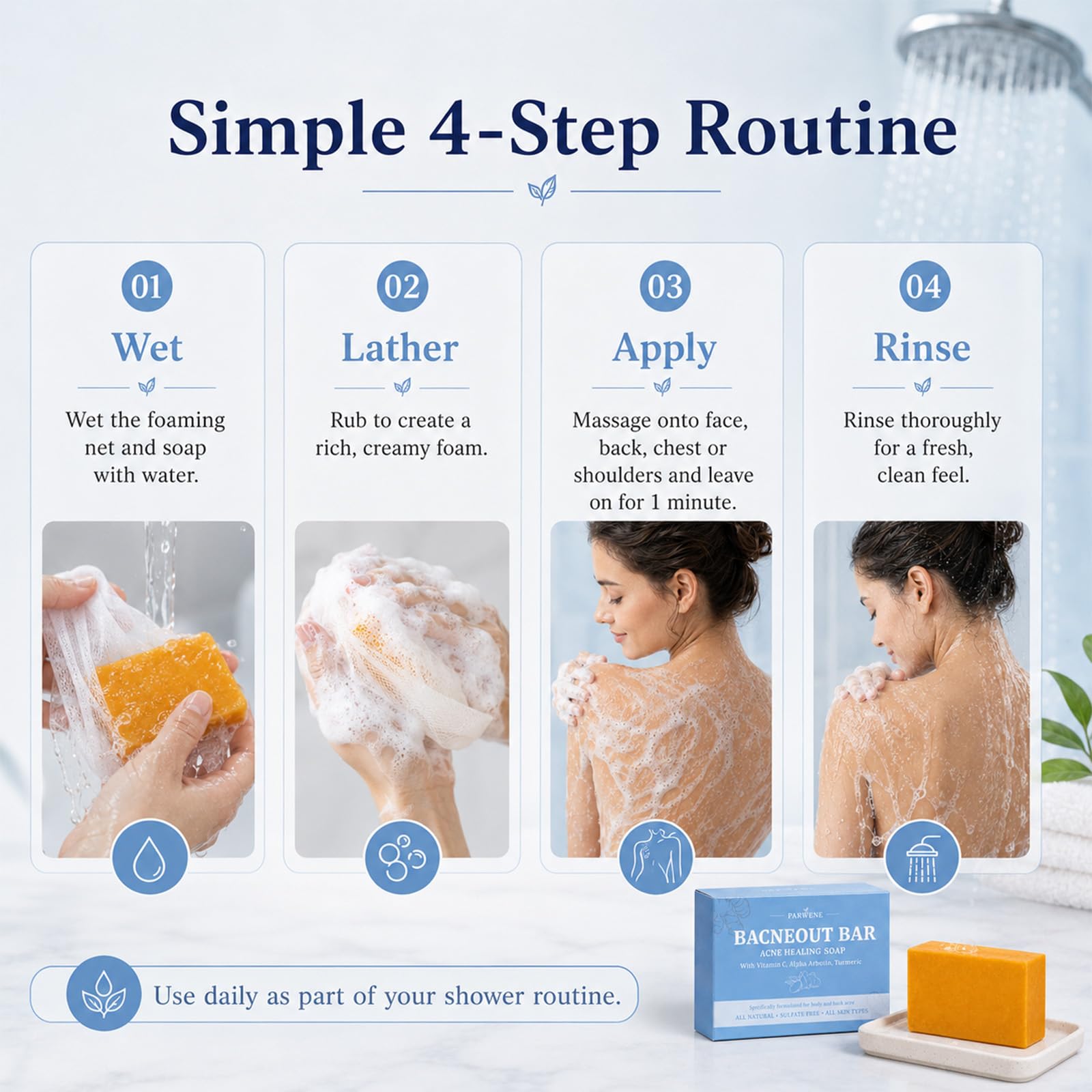 PARWENE BacneOut in bathroom setting promoting daily skincare routine