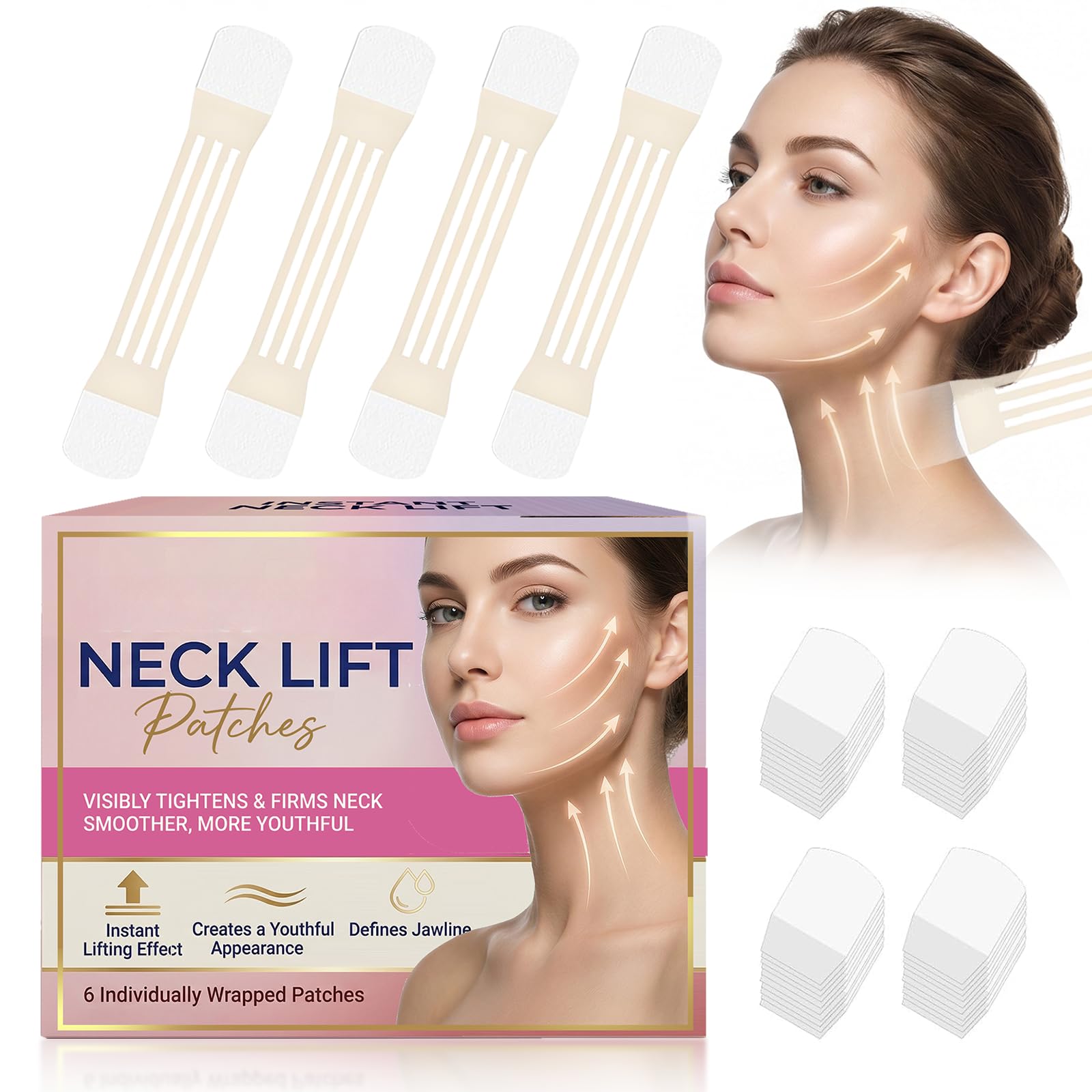 Pasobass front packaging showing 28-piece neck lift tape, discreet cosmetic benefit