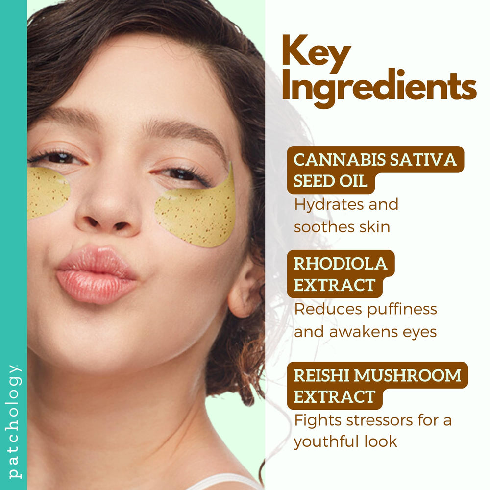 Patchology patches applied under eye showing instant de-puffing benefit