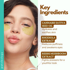 Patchology patches applied under eye showing instant de-puffing benefit