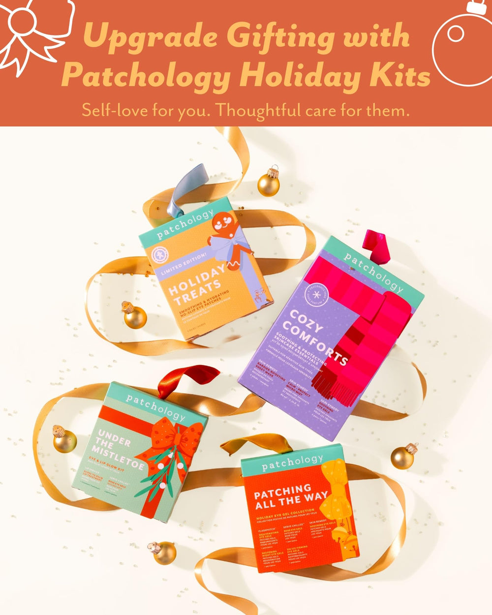 Patchology gift set in a stocking styled scene conveying seasonal gifting convenience