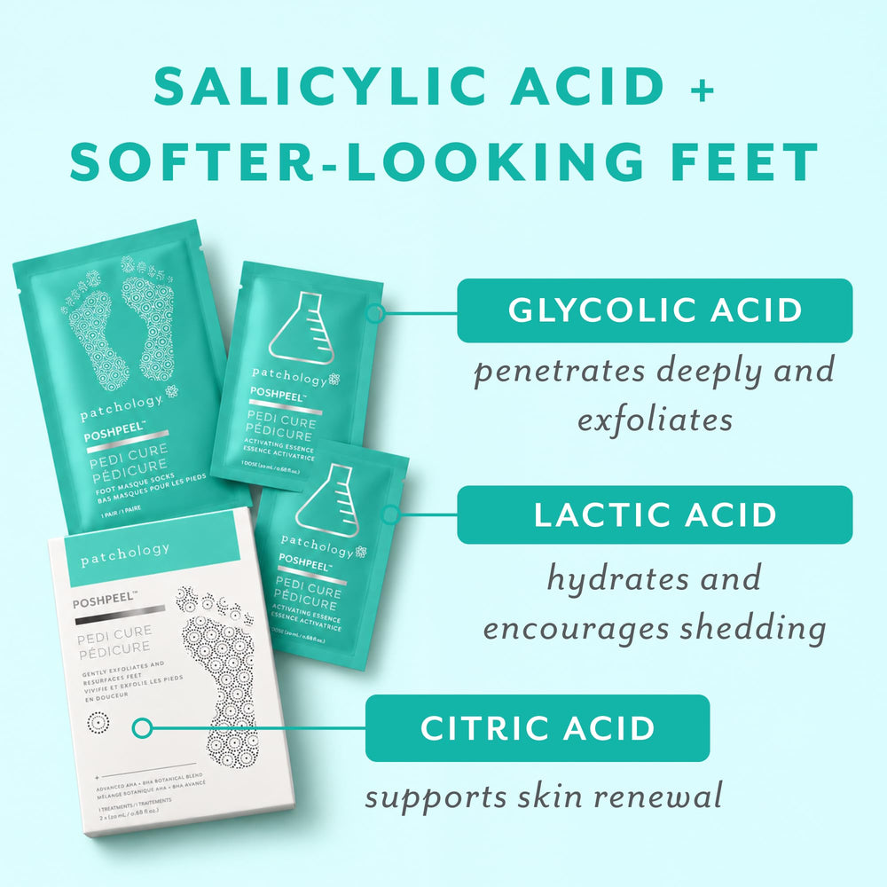 Patchology foot mask applied on foot demonstrating easy, mess-free treatment
