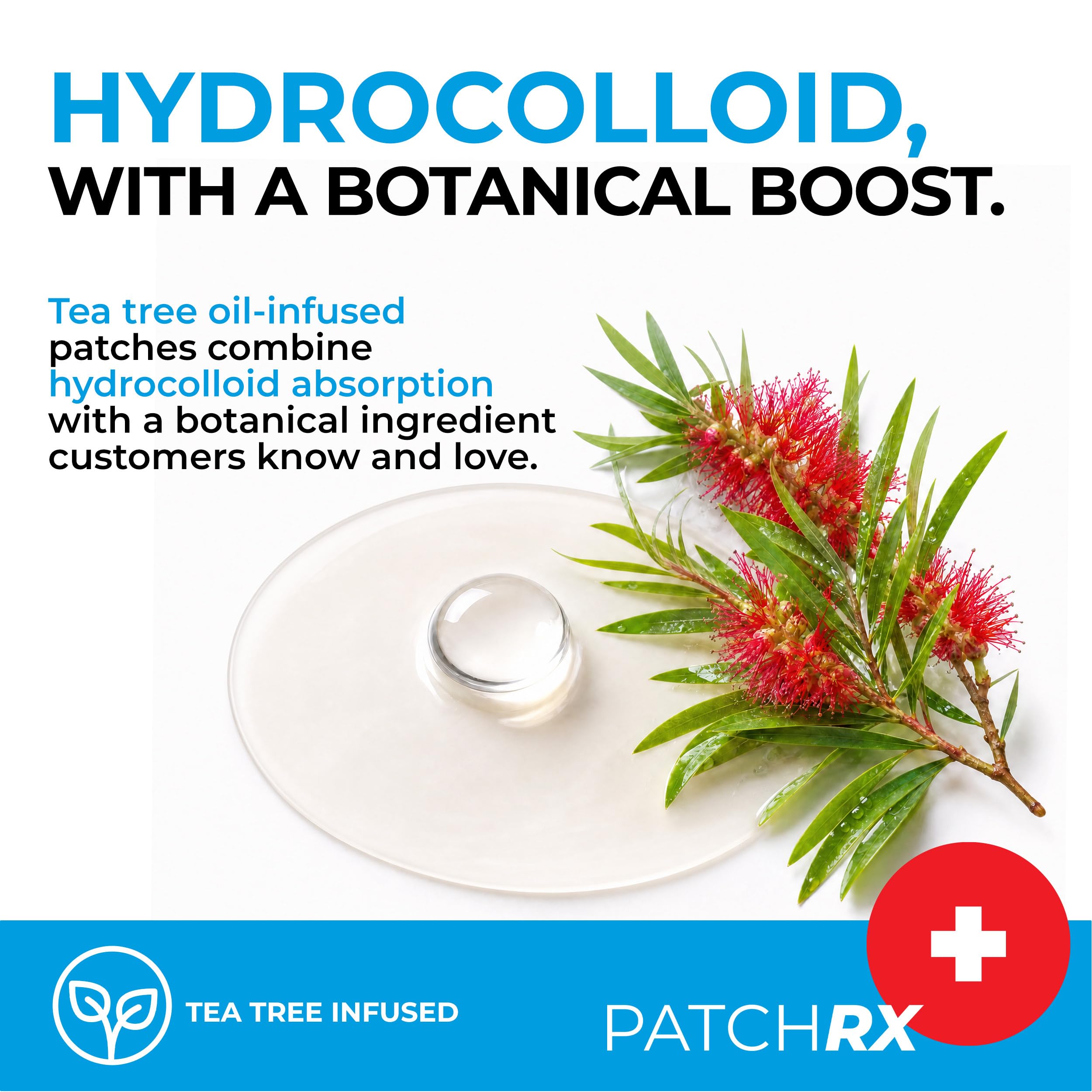 PatchRx tea tree ingredient focus with leaf visual conveying gentle cleansing benefit