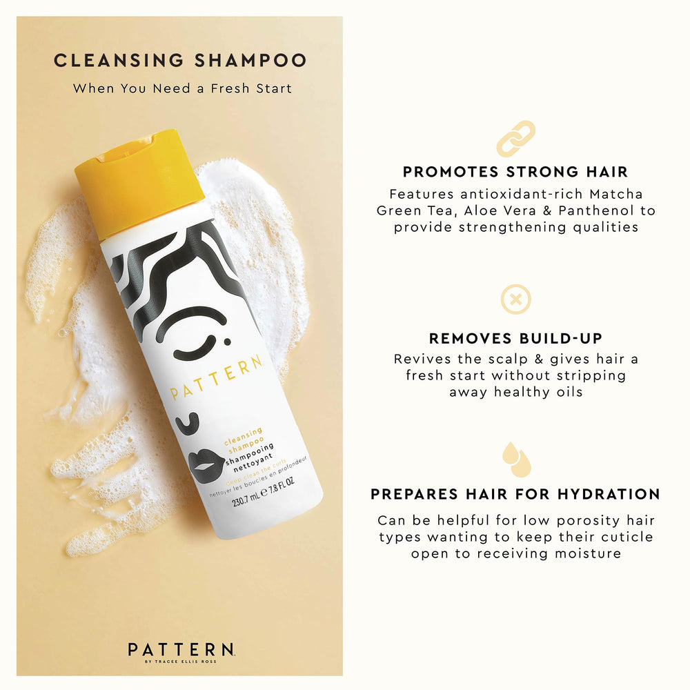 PATTERN shampoo in shower being applied to curly hair for thorough cleanse