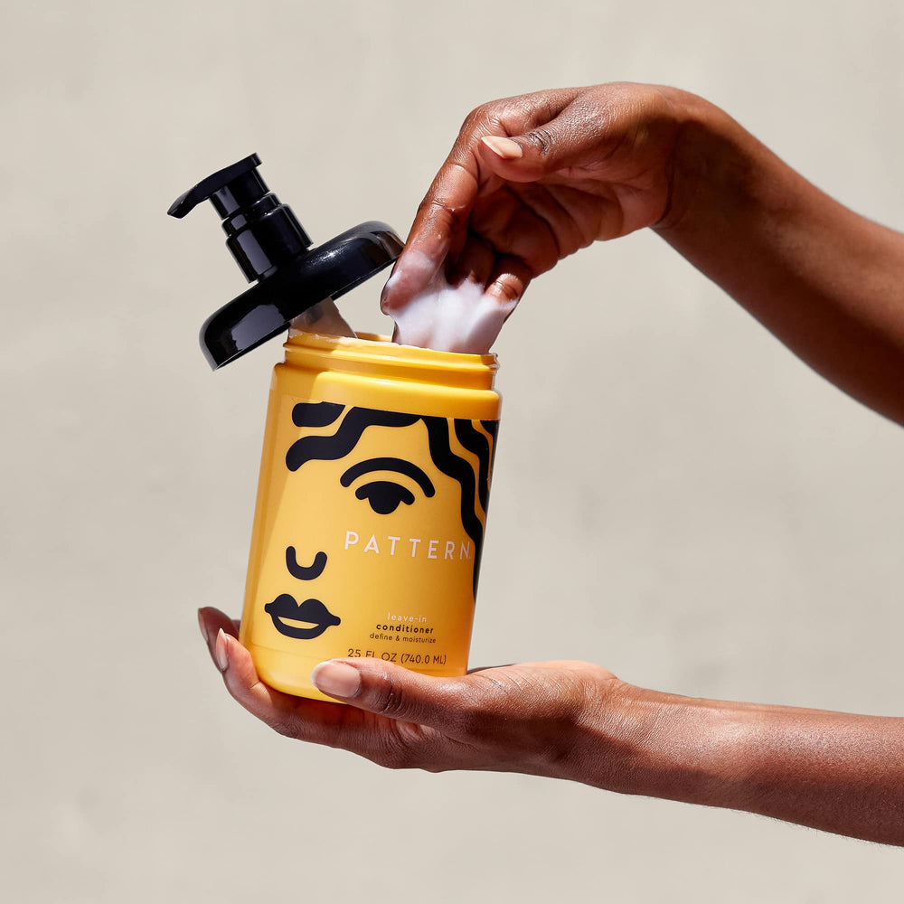 PATTERN applying leave-in to wet hair showing improved manageability and comb-through ease