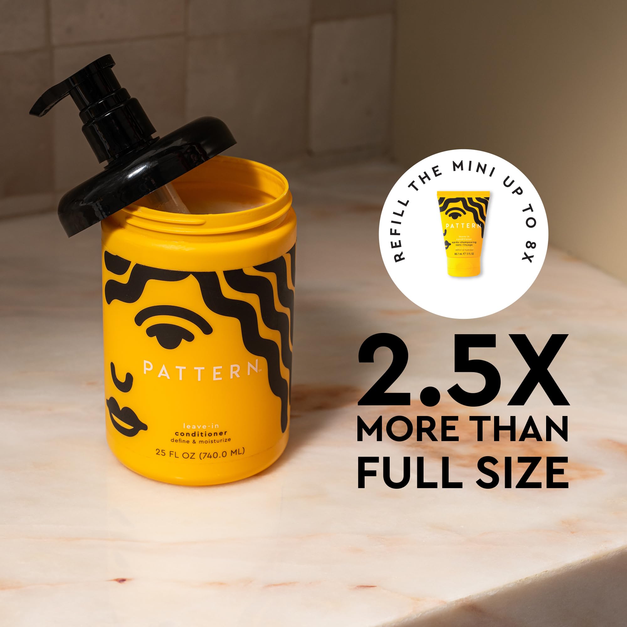 PATTERN product next to a hand to show the 25 fl oz size and value for regular users