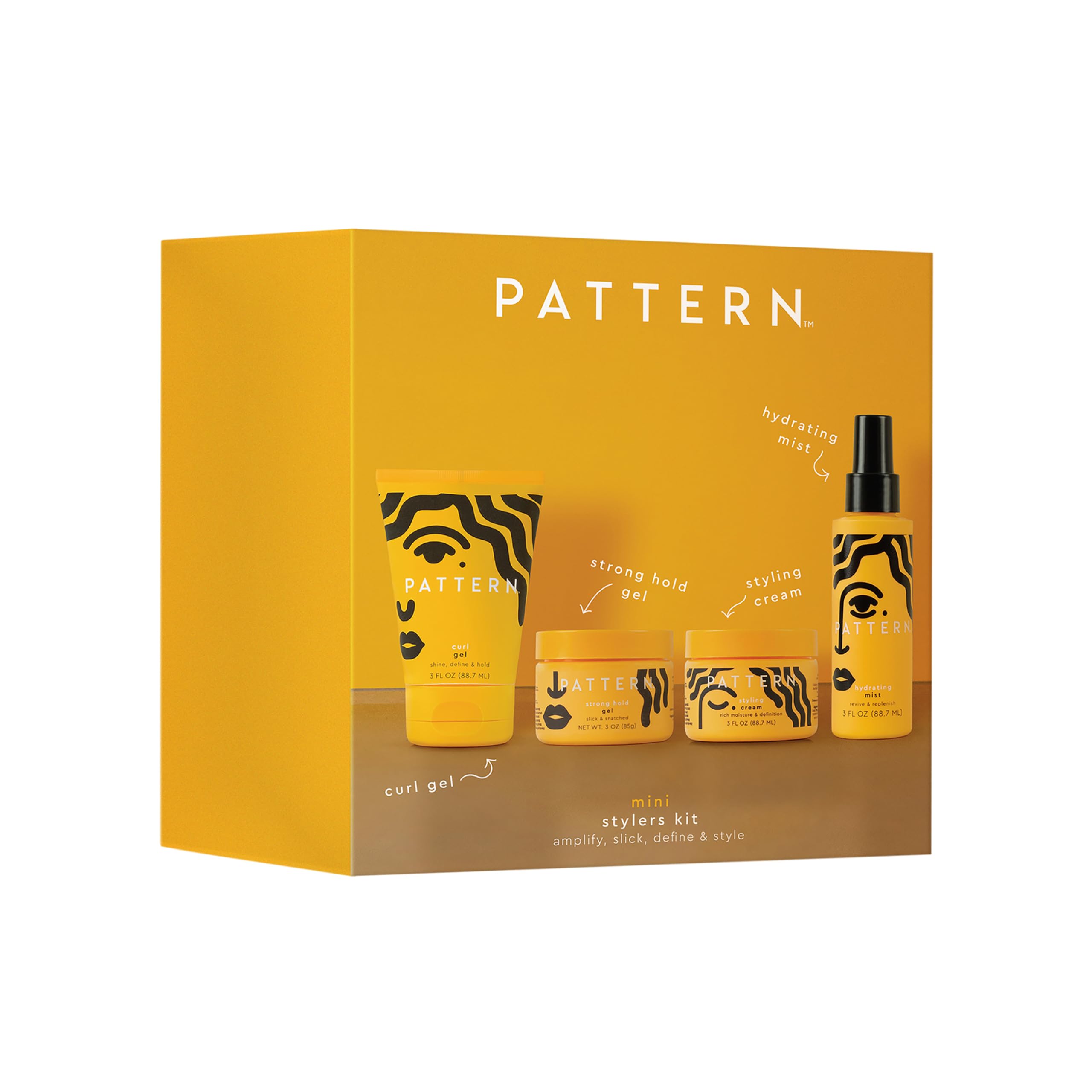 PATTERN mini stylers kit front view showing four travel-size products
