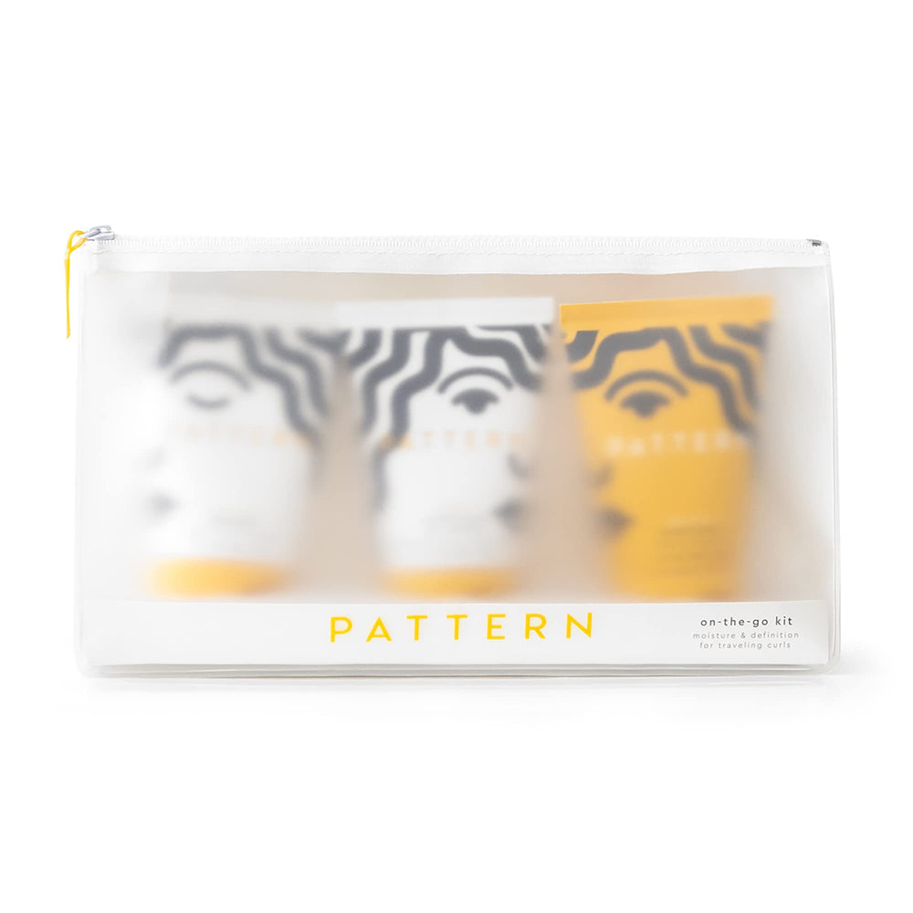 PATTERN on-the-go kit front packaging showing three mini bottles and bag for travel convenience