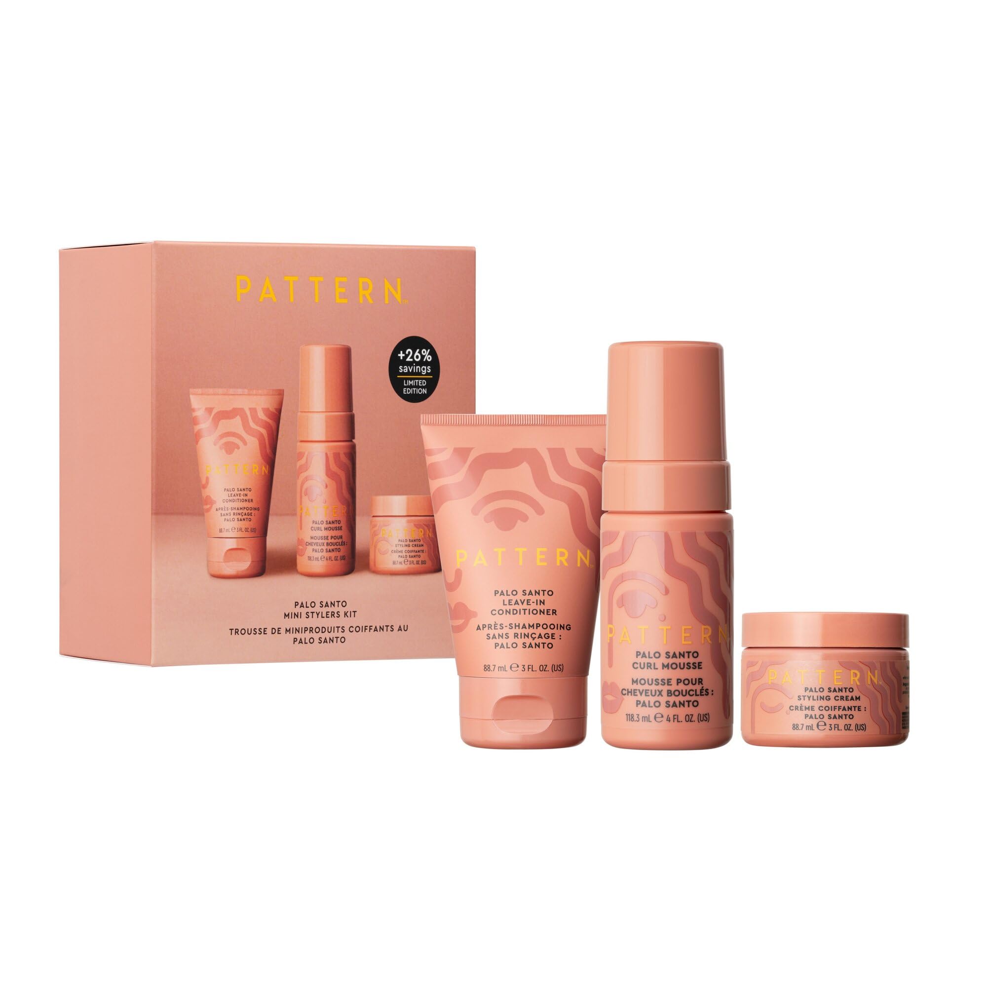 PATTERN Palo Santo mini kit front packaging showing three travel tubes and scent benefit