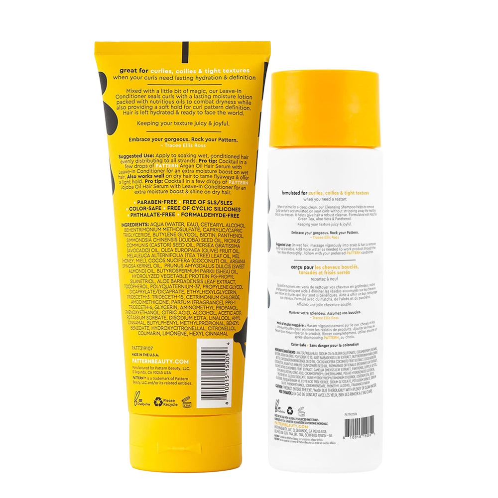 PATTERN shampoo bottle label close-up showing matcha and panthenol benefits