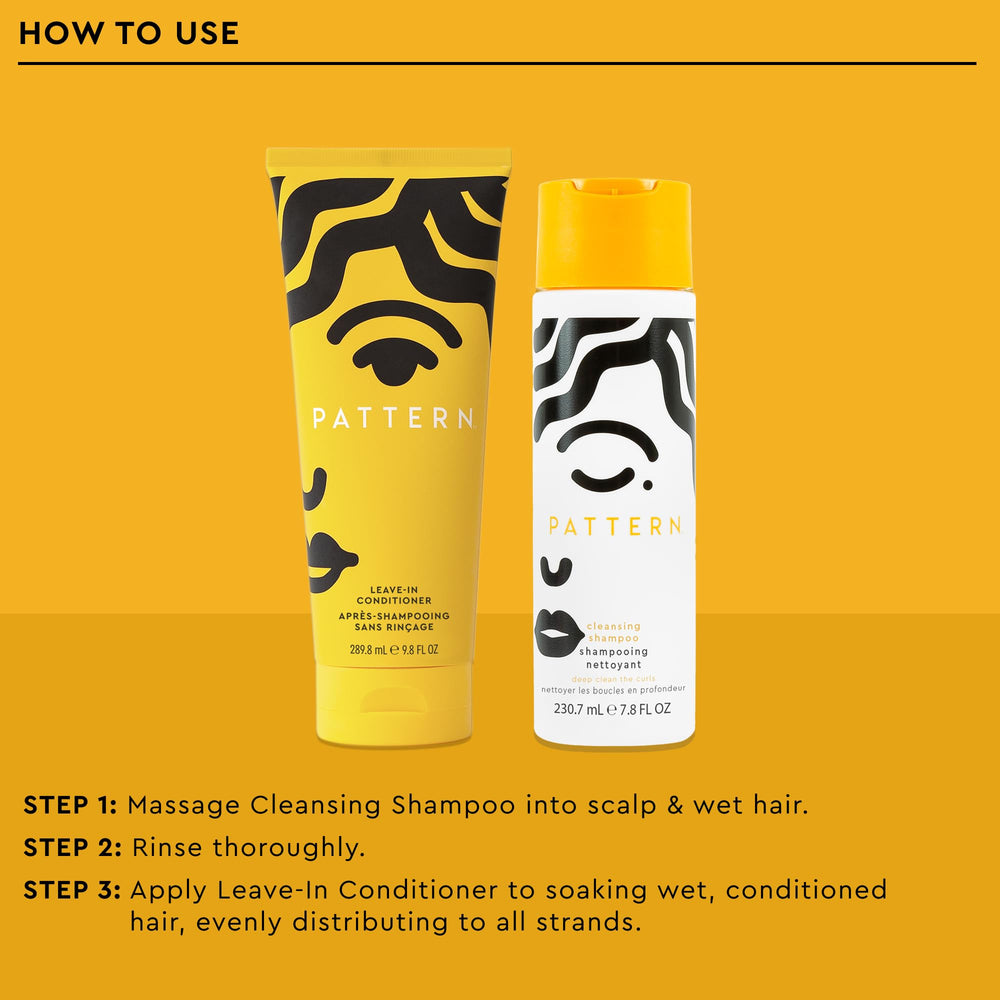 PATTERN clarifying shampoo pouring from bottle showing gentle cleansing action