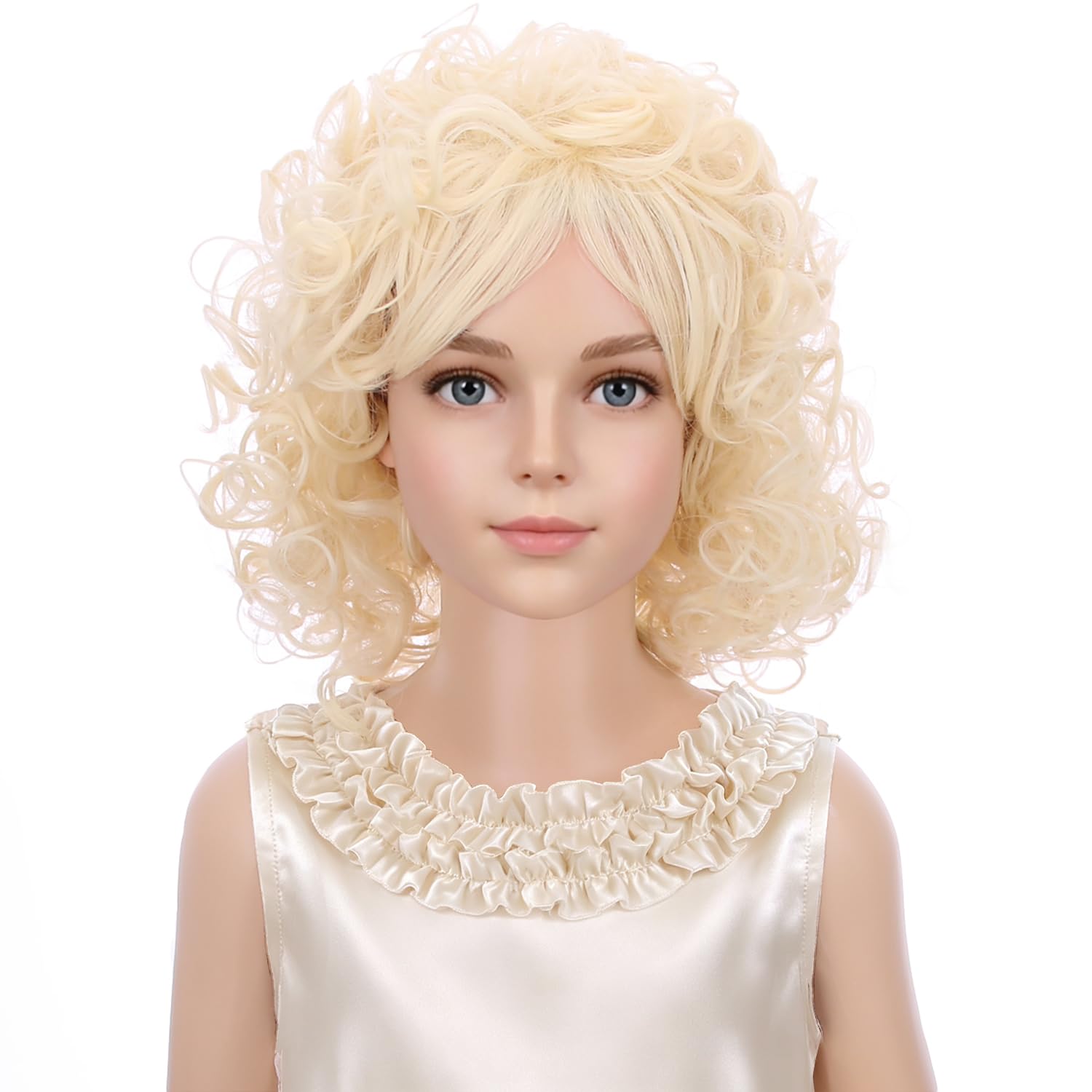 PATTNIUM front view curly blonde kids wig with bangs showing natural look and easy wear
