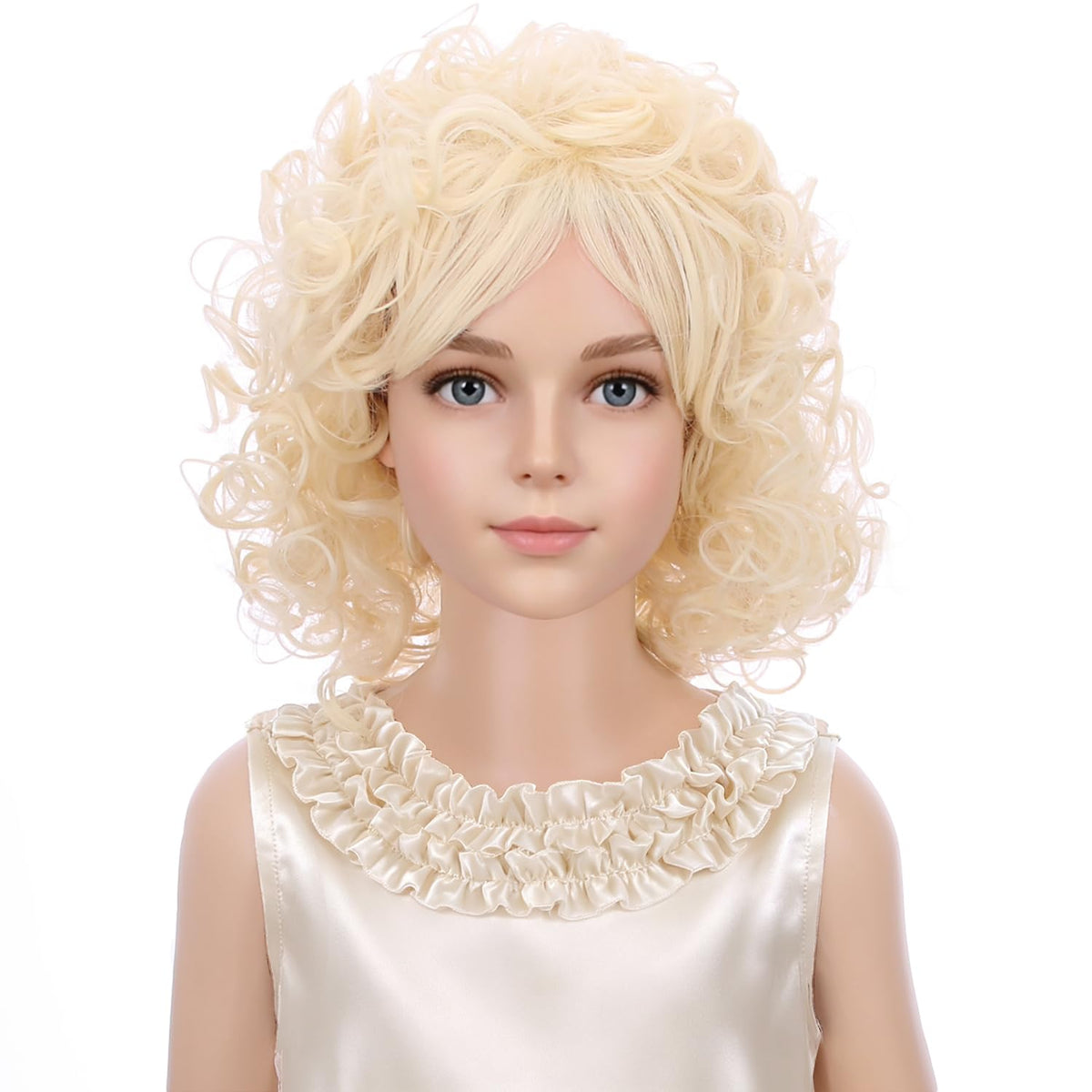 PATTNIUM front view curly blonde kids wig with bangs showing natural look and easy wear