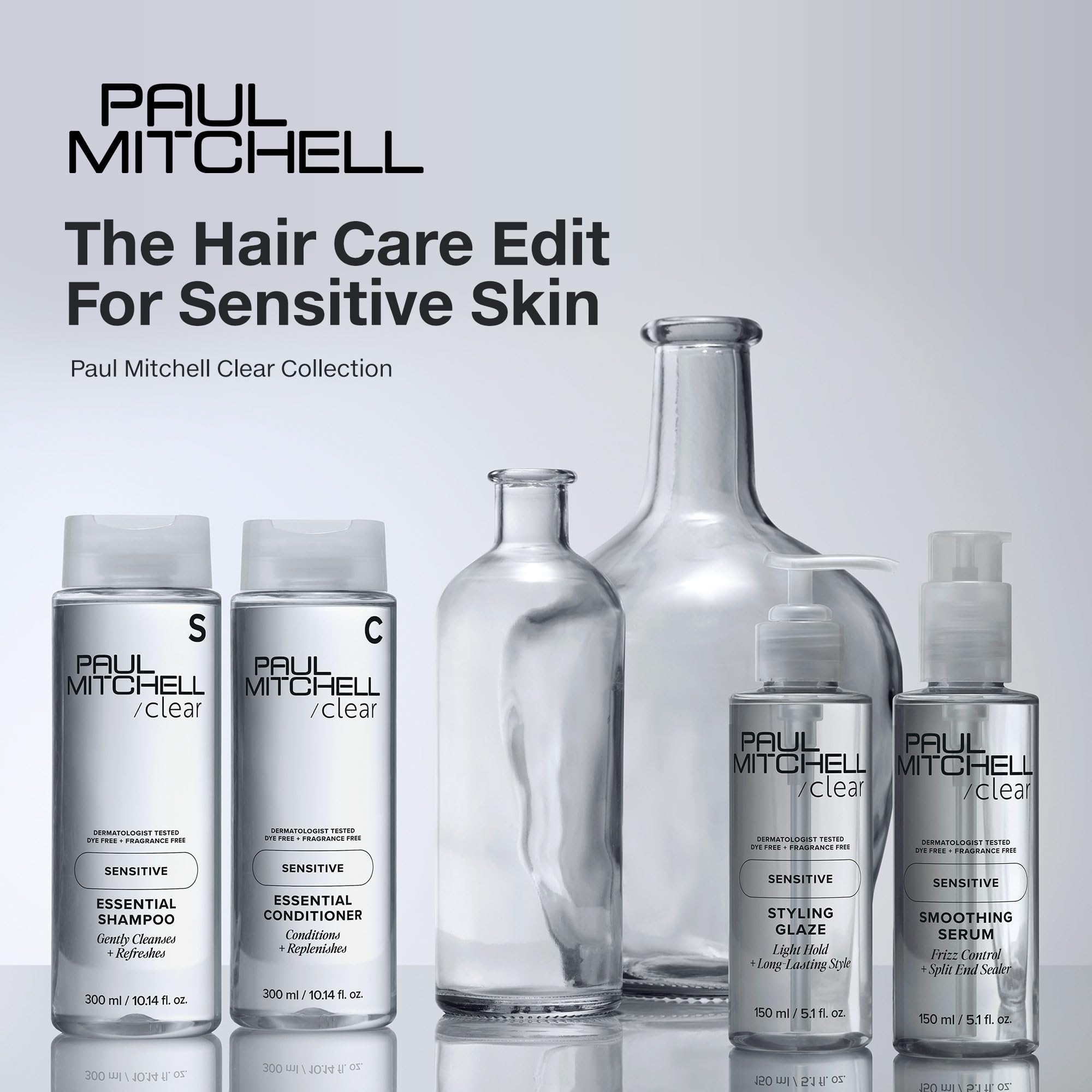 Paul Mitchell clear essential bottle close-up emphasizing gentle formula