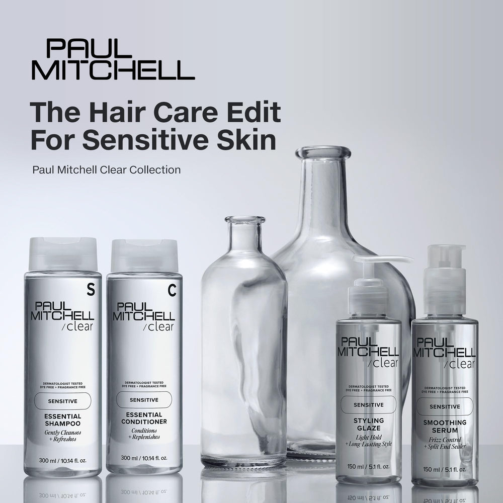 Paul Mitchell clear essential bottle close-up emphasizing gentle formula