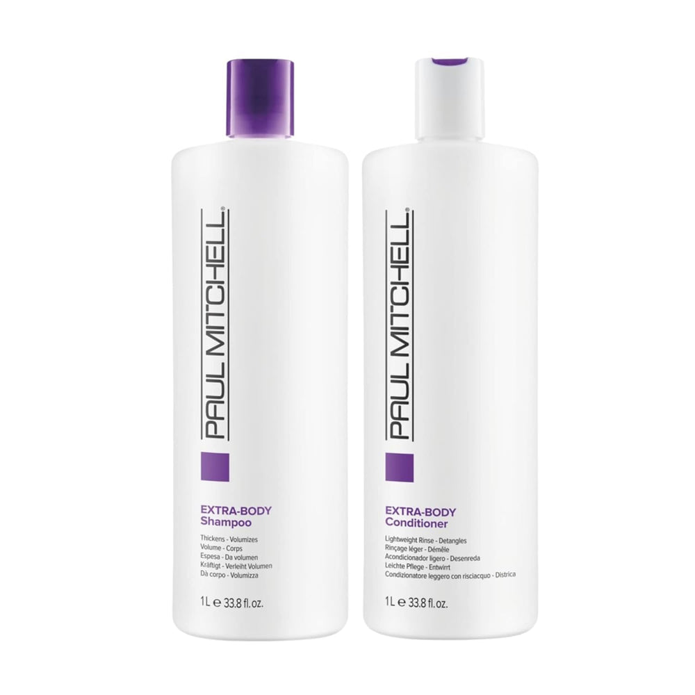 Paul Mitchell Extra-Body duo front view showing liter bottles for fuller hair