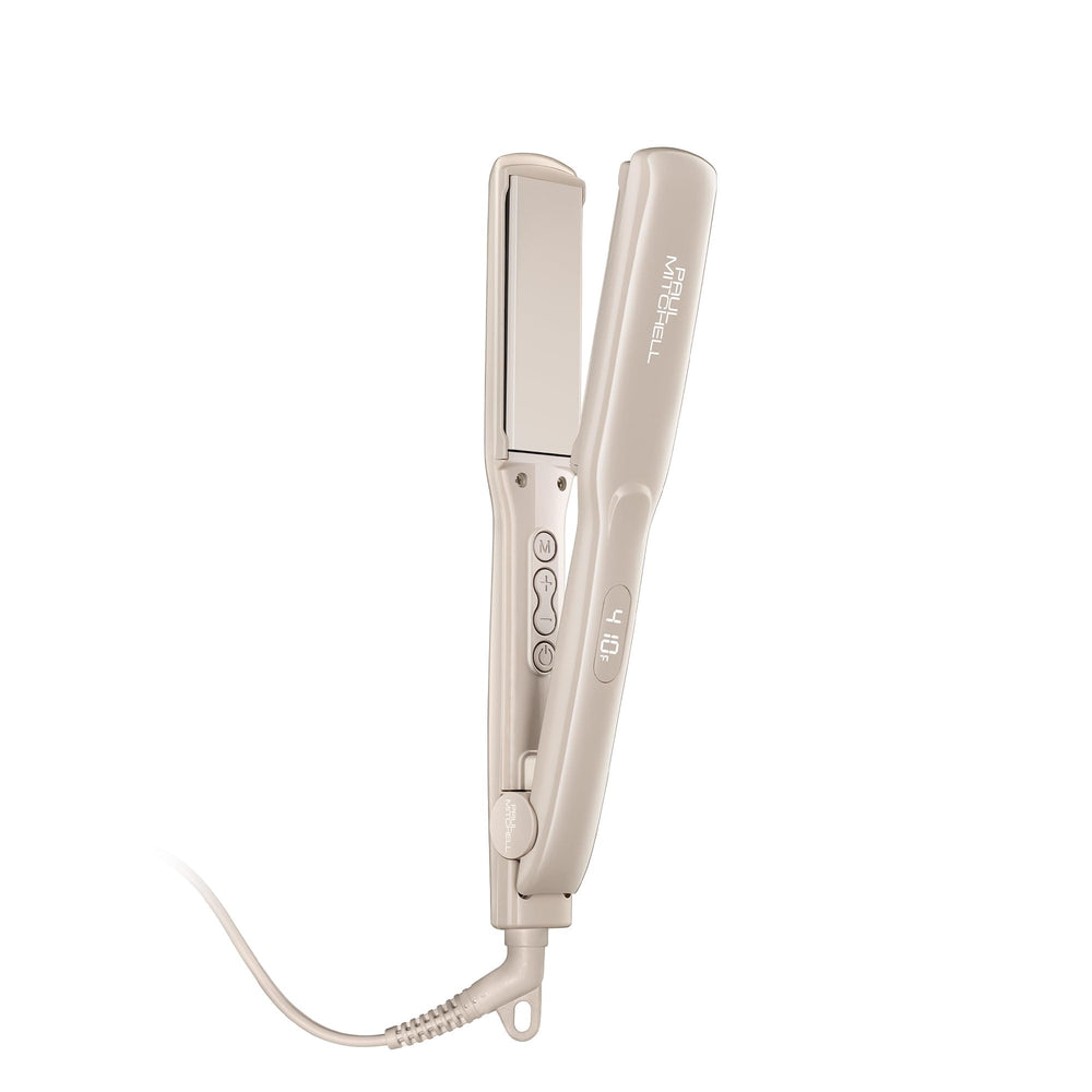 Paul Mitchell flat iron front view showing slim profile and ergonomic handle for comfortable styling