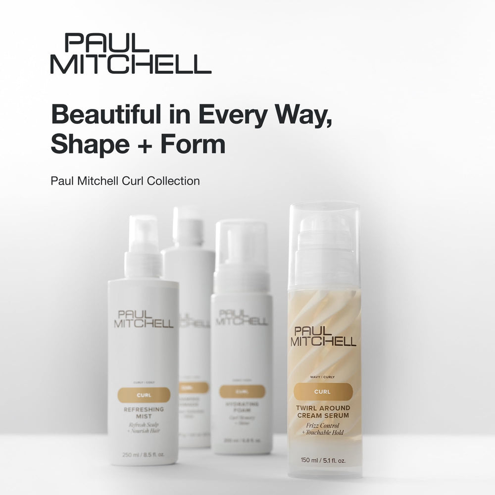 Lifestyle shot of Paul Mitchell product on bathroom shelf while styling hair, evokes everyday use