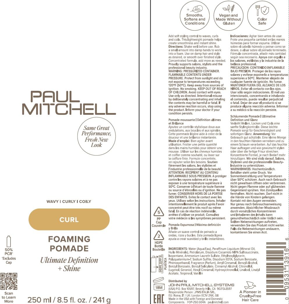 Label close-up listing ingredients and cucumber melon scent on Paul Mitchell product, indicates fragrance benefit