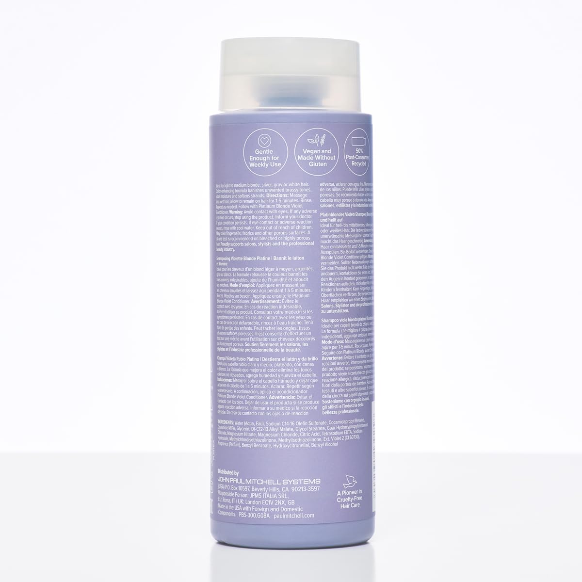 Paul Mitchell bottle with recycle symbol emphasizing post-consumer recycled materials