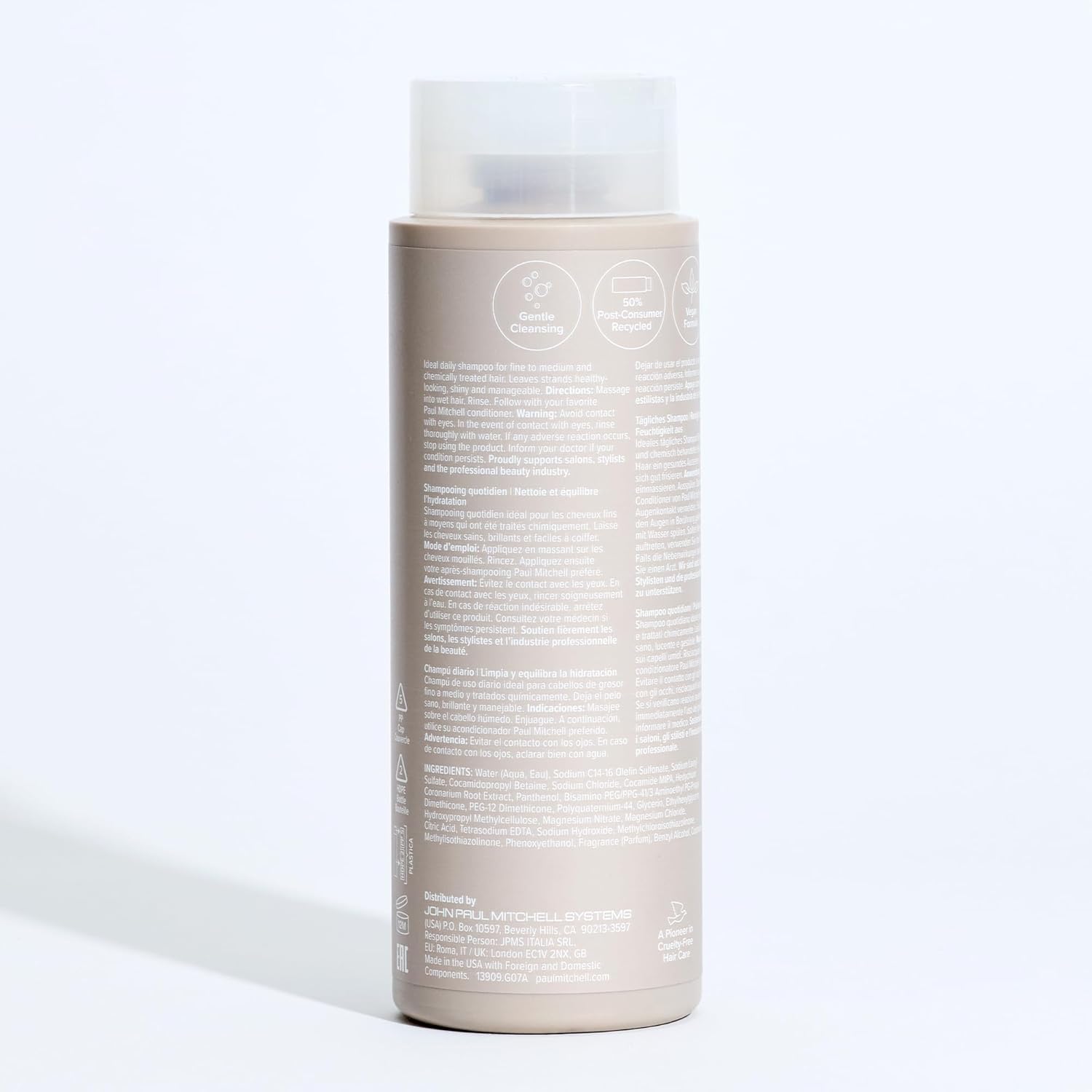 Paul Mitchell Shampoo One recycled packaging mark closeup showing environmental benefit