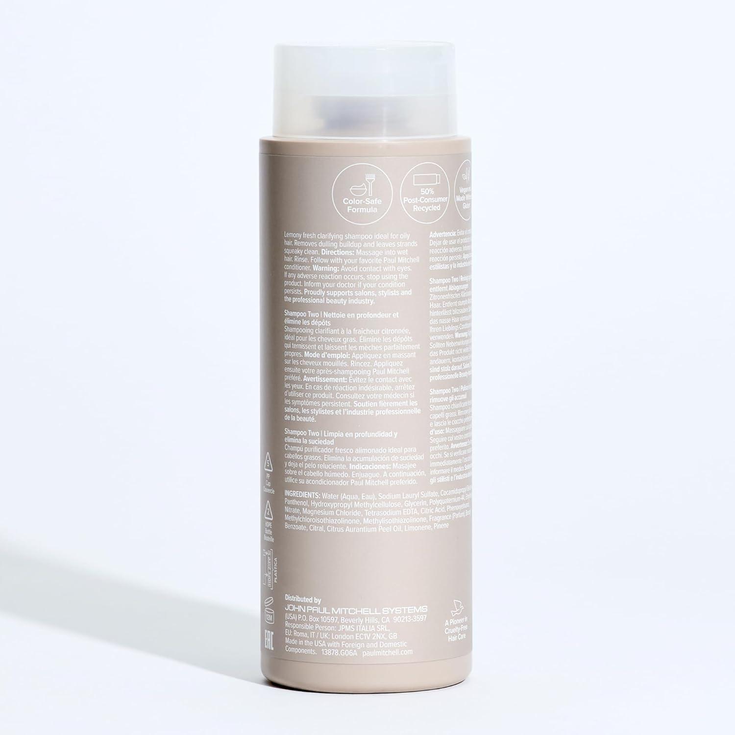 Detail of Paul Mitchell PCR packaging emphasizing recyclable materials and sustainability