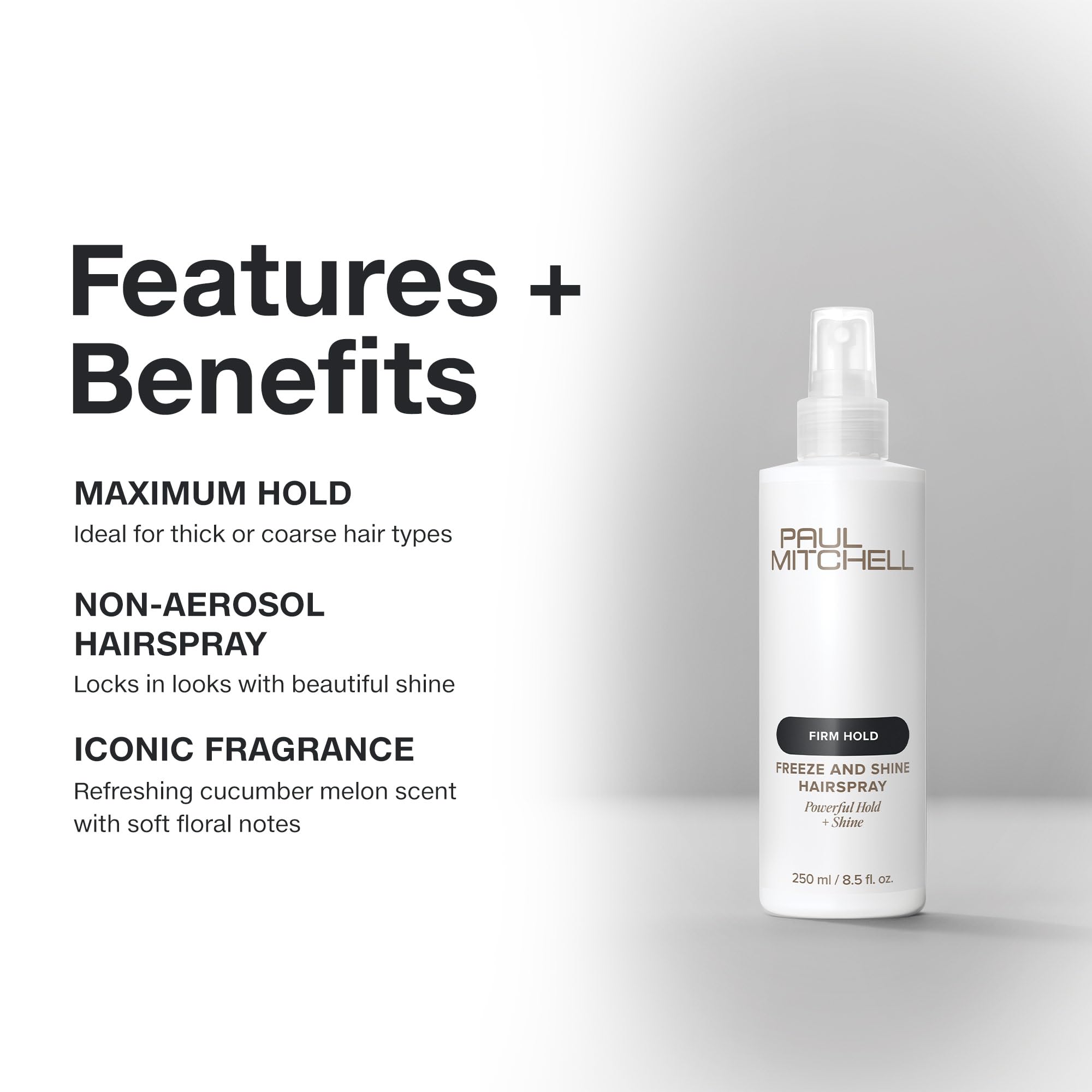 Paul Mitchell hairspray on coarse hair close-up showing glossy texture benefit: enhanced shine