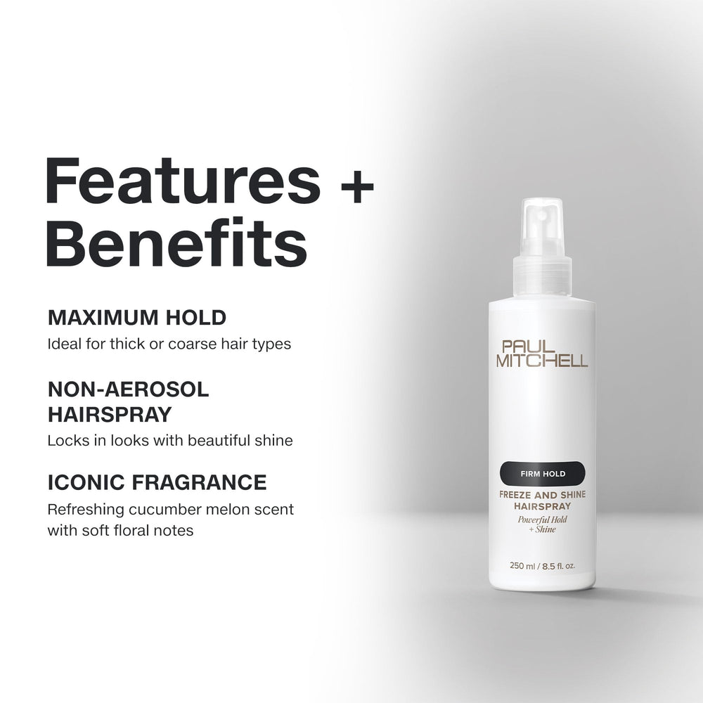 Paul Mitchell hairspray on coarse hair close-up showing glossy texture benefit: enhanced shine