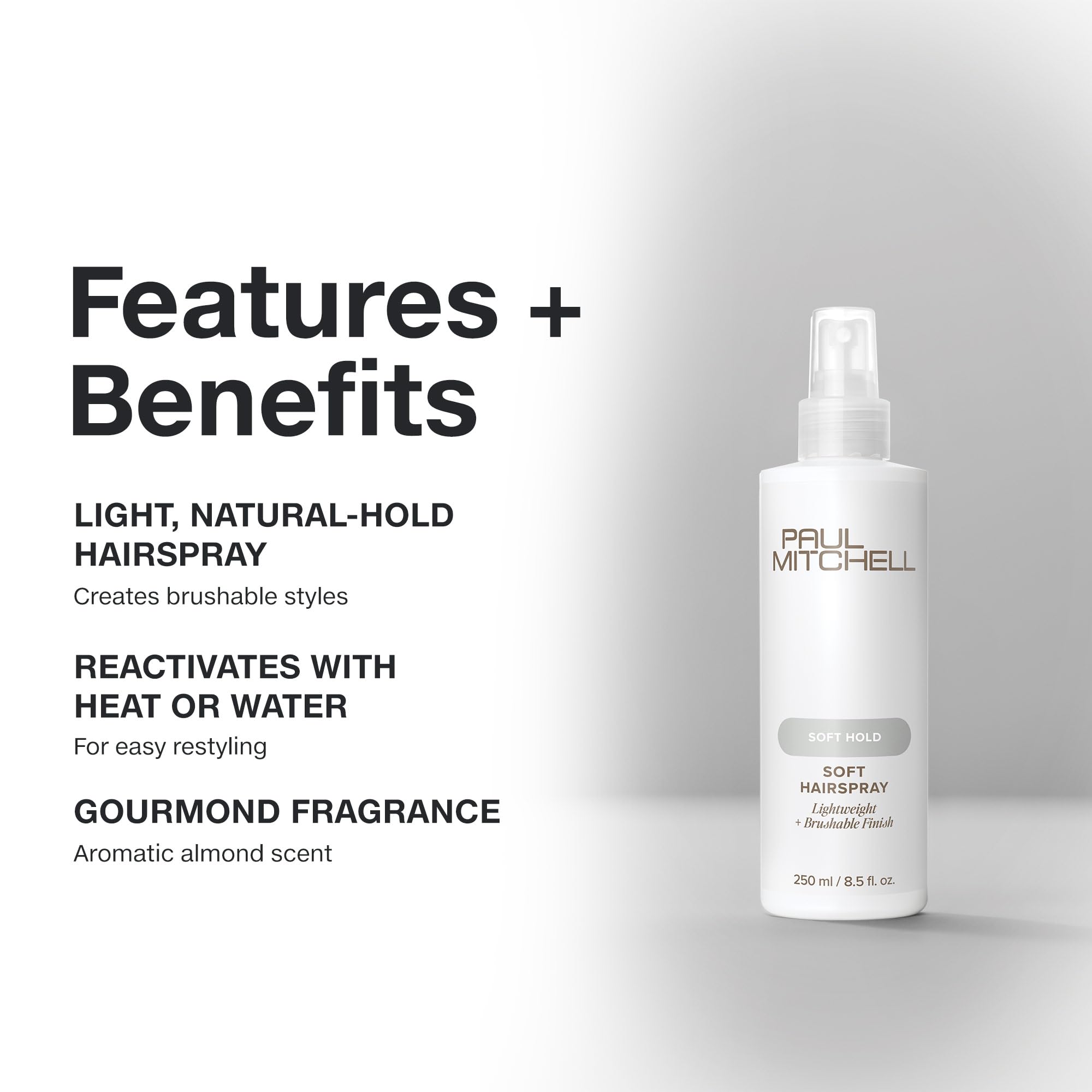 Paul Mitchell soft hairspray close-up label highlighting product features and recyclable packaging benefit