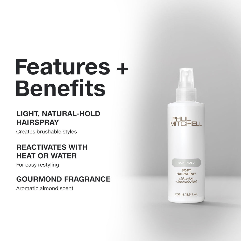 Paul Mitchell soft hairspray close-up label highlighting product features and recyclable packaging benefit