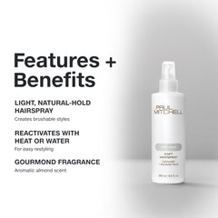 Paul Mitchell soft hairspray close-up label highlighting product features and recyclable packaging benefit