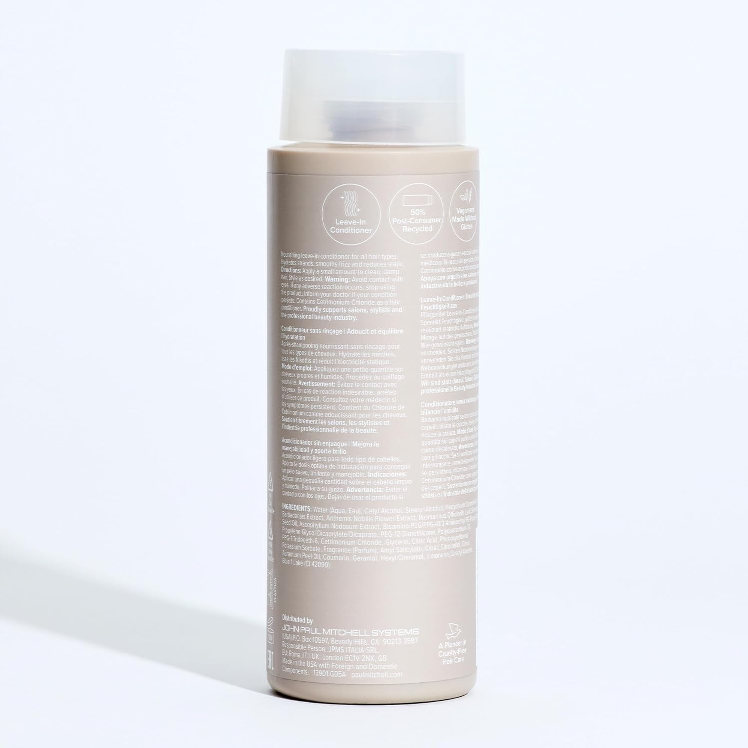 Paul Mitchell recycled packaging badge on bottle, signals environmental responsibility benefit