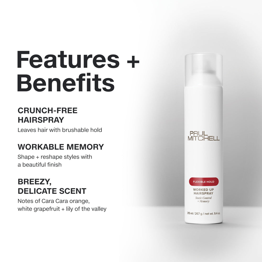 Paul Mitchell Worked Up fine mist closeup demonstrating fast-drying, even application