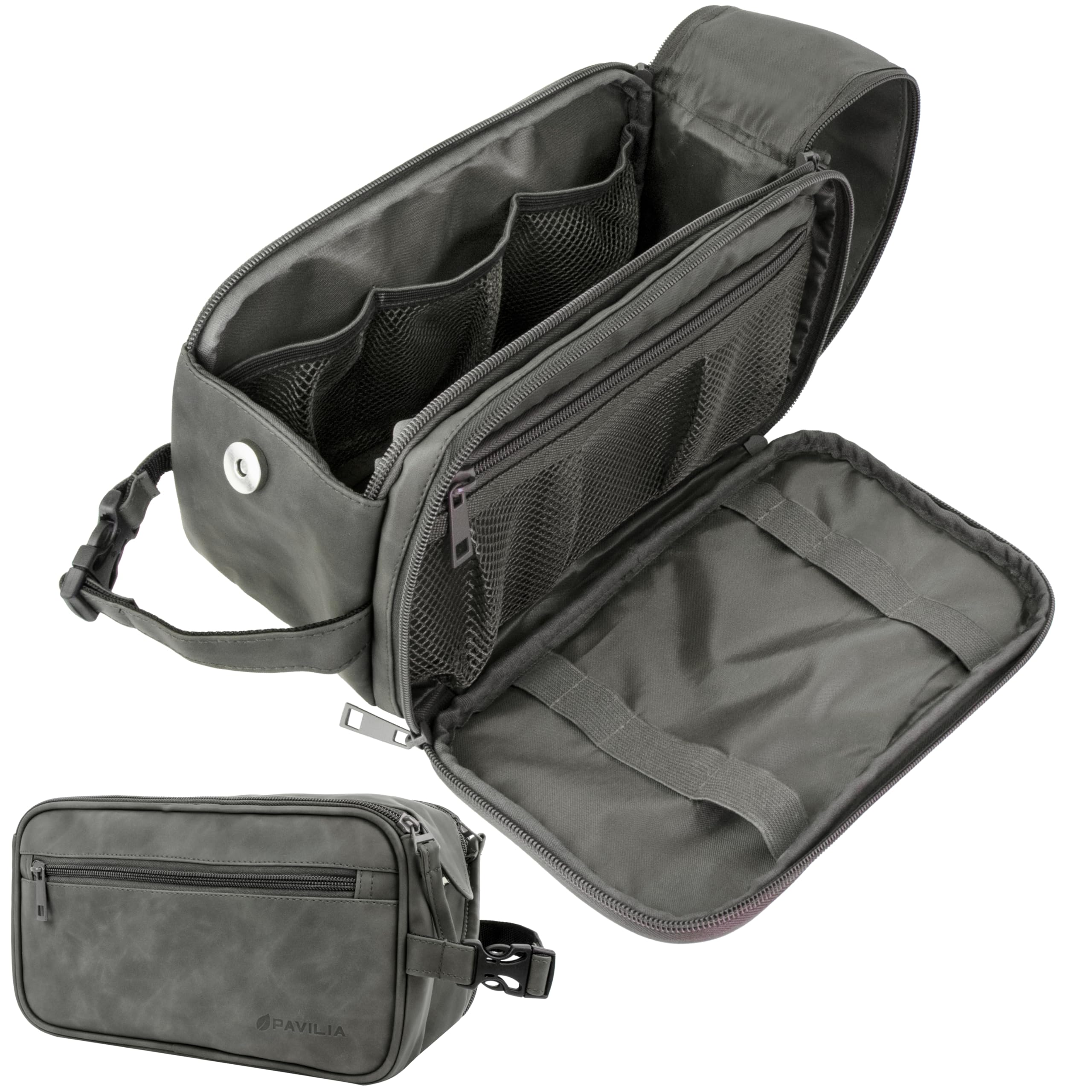 PAVILIA front view showing dark grey PU leather and durable design benefit organization