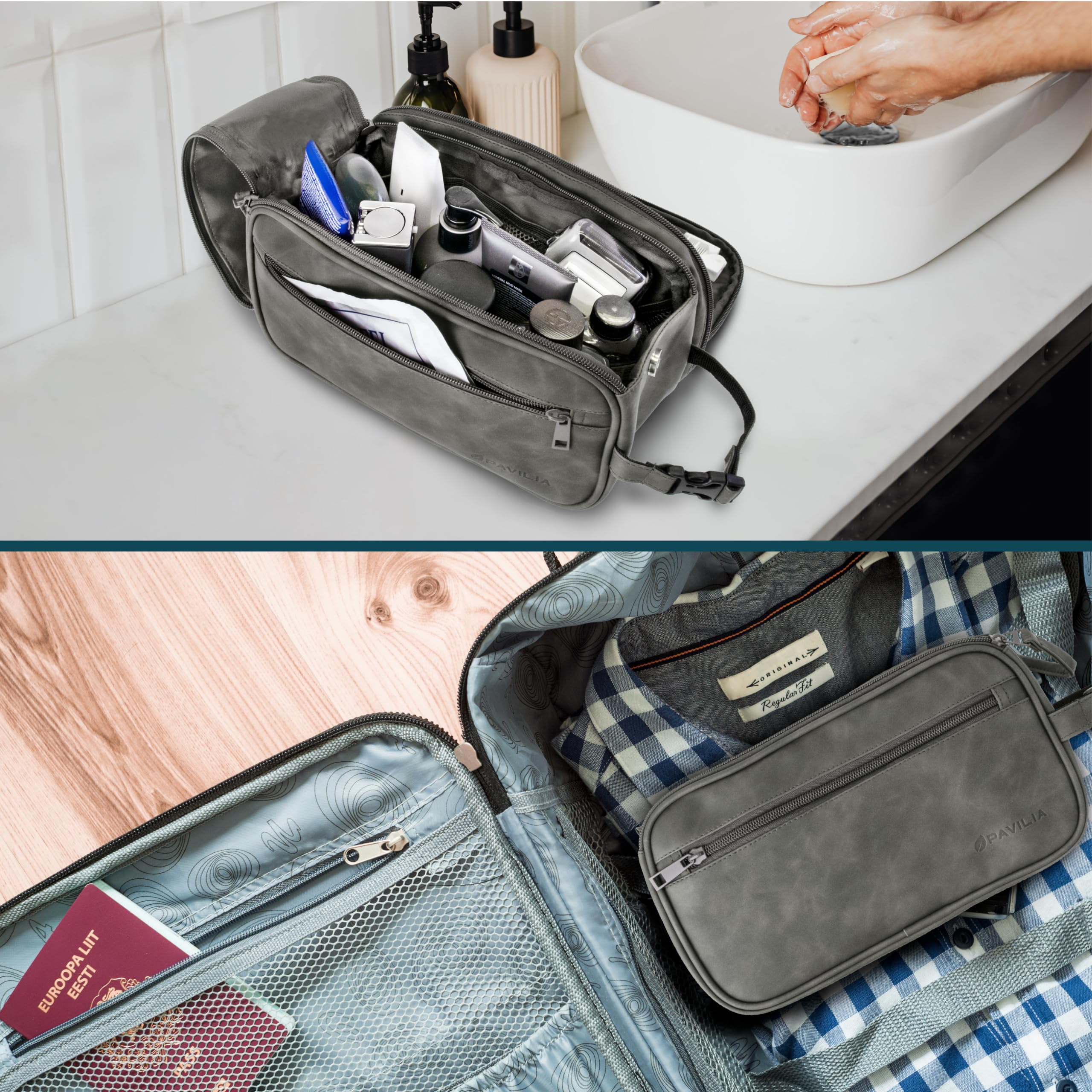 PAVILIA next to travel essentials showing compact capacity and space-saving benefit