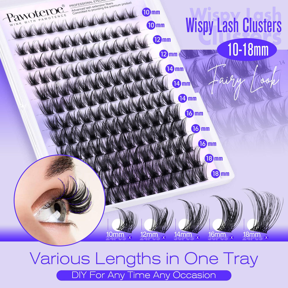 Pawotence spread of 10–18mm cluster lengths for customizable lash gradients