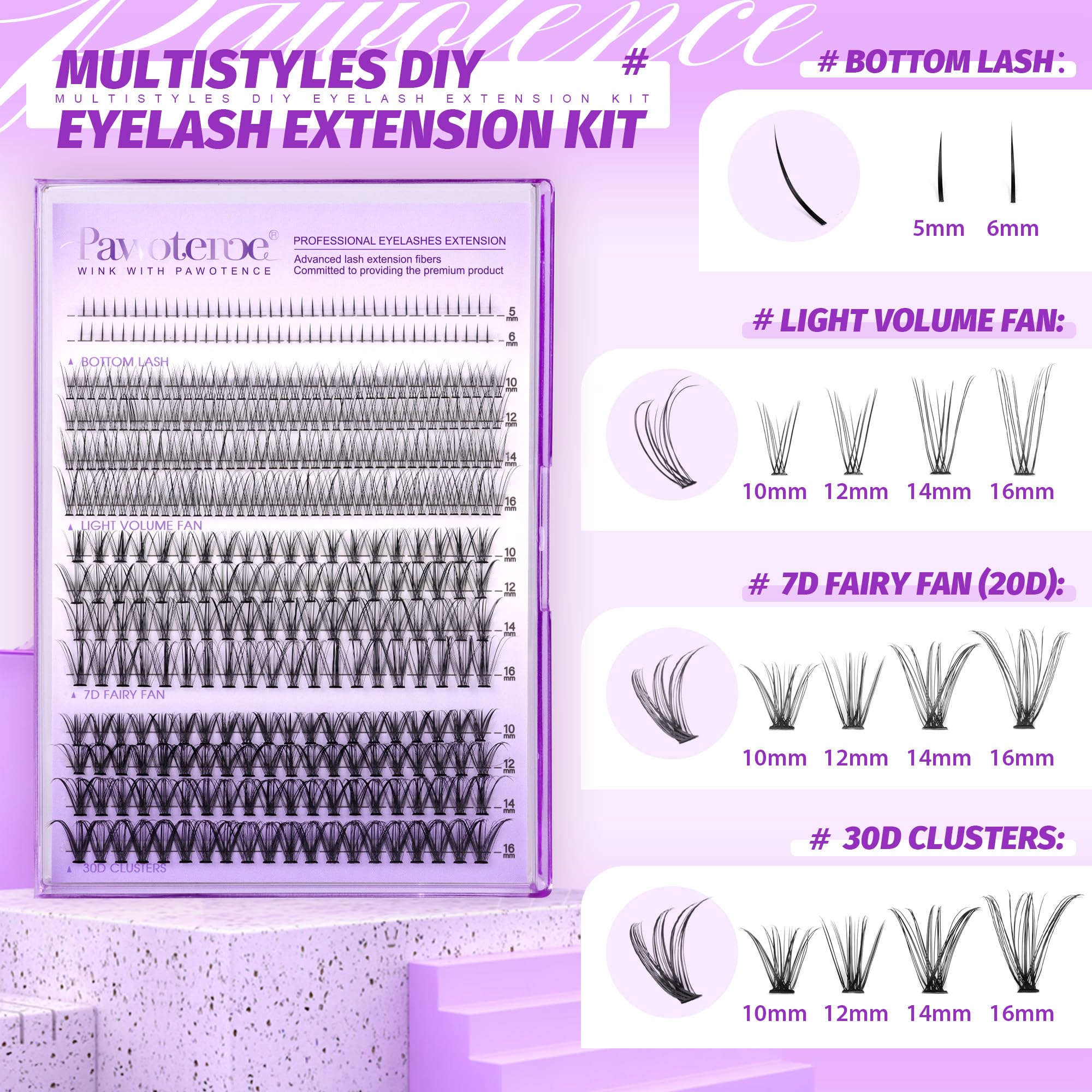 Pawotence 404 cluster lashes spread out to display four styles and lengths