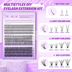 Pawotence 404 cluster lashes spread out to display four styles and lengths