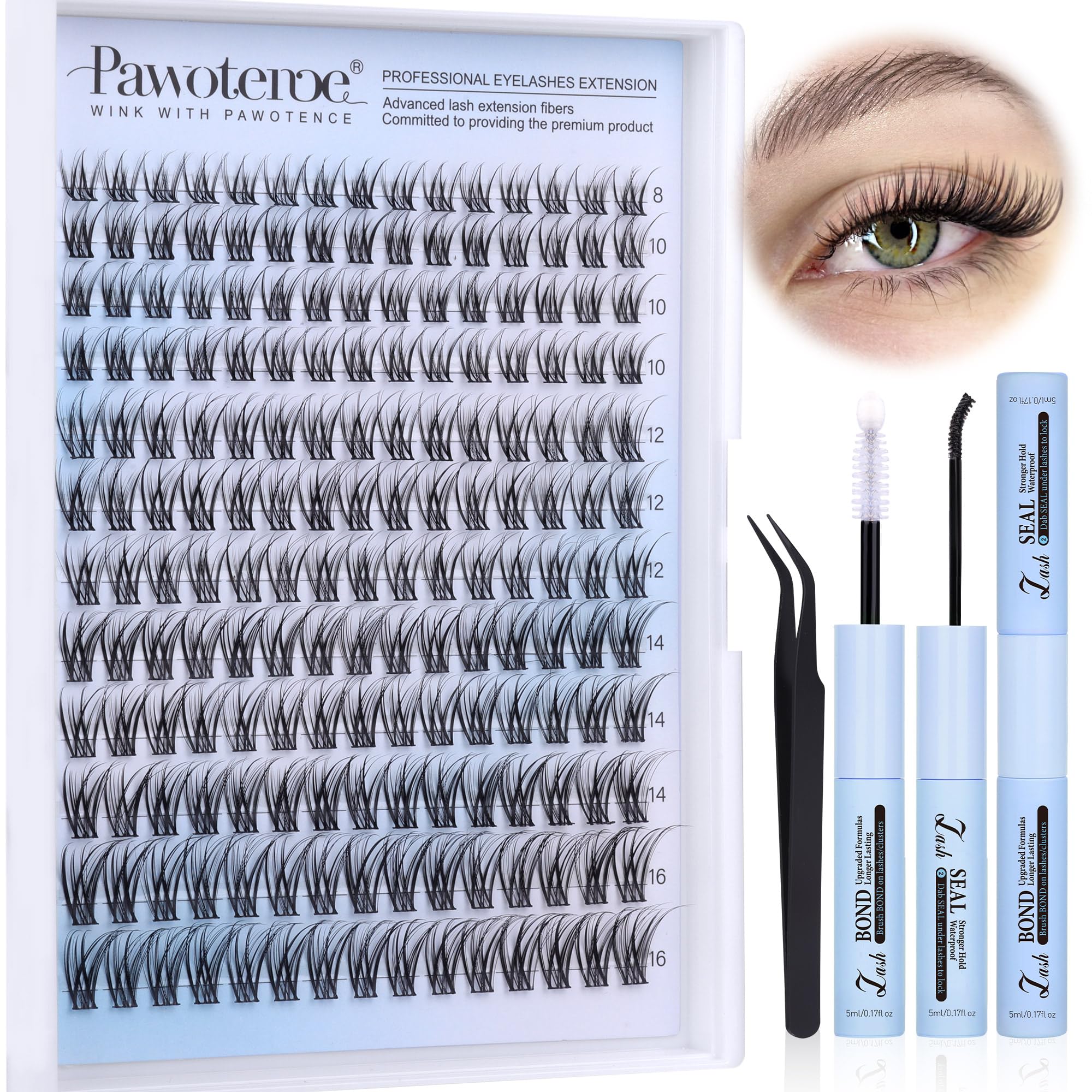 Pawotence front packaging showing complete lash cluster kit benefits