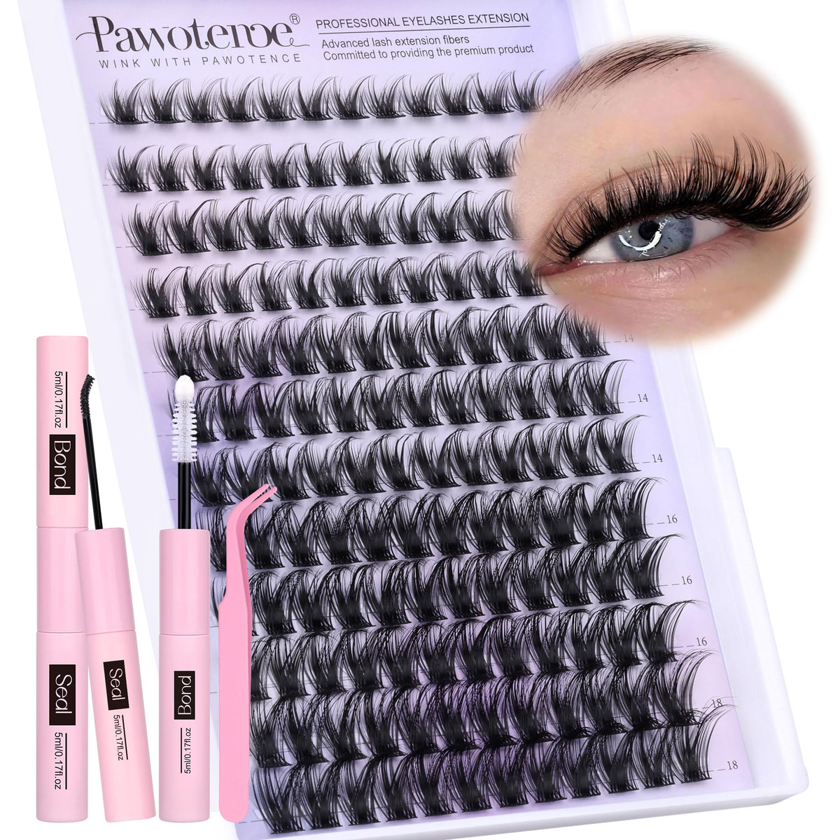 Pawotence front packaging showing complete lash cluster kit and tools for DIY application