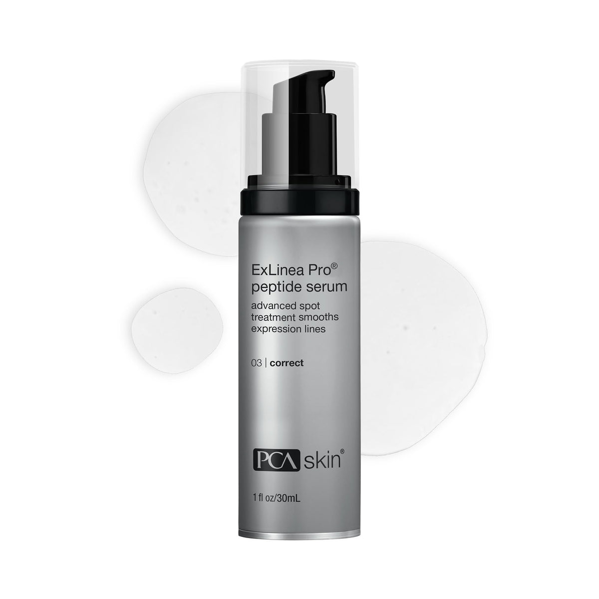 PCA SKIN front bottle showing serum and branding, promotes visible firming