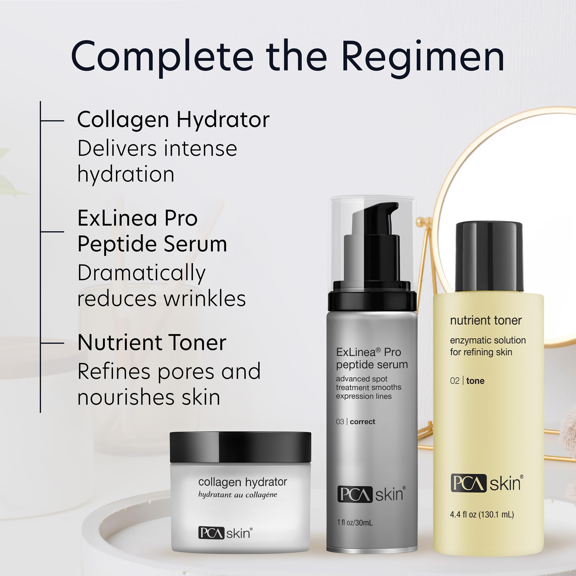 PCA SKIN toner on bathroom vanity creating a lifestyle skincare scene