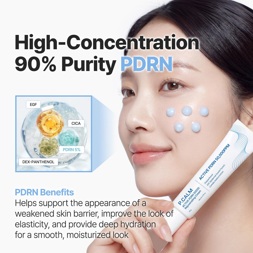 P.CALM ingredient panel closeup showing PDRN concentration and active benefits