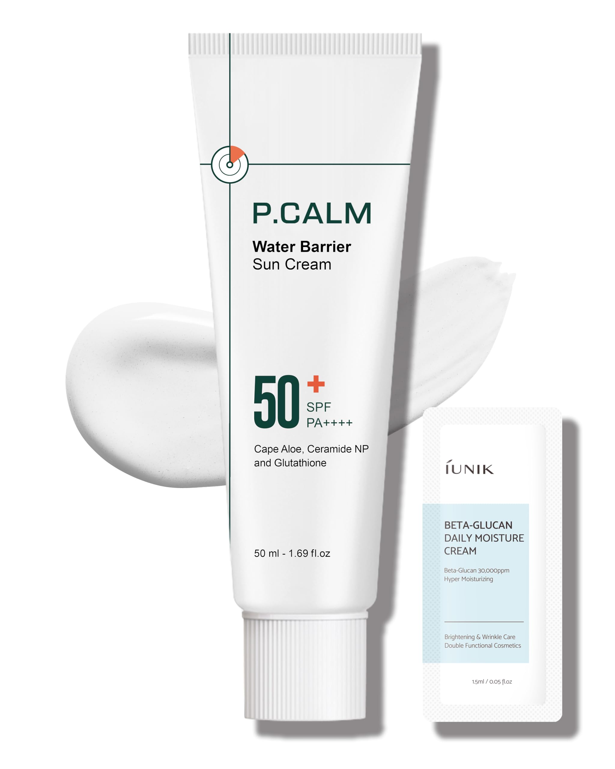 P.CALM front packaging showing SPF50+ clear protection and vegan label