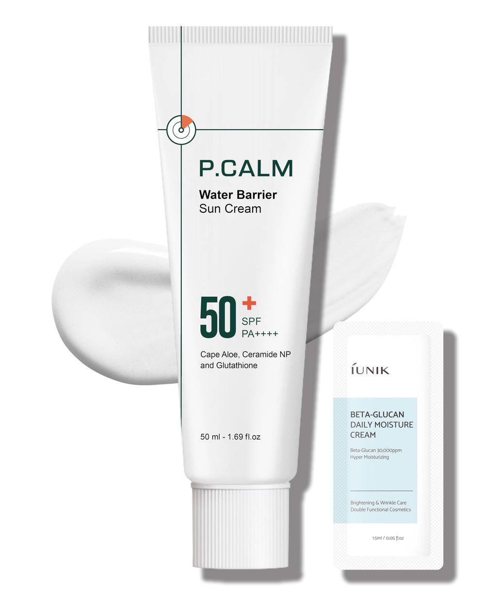 P.CALM front packaging showing SPF50+ clear protection and vegan label