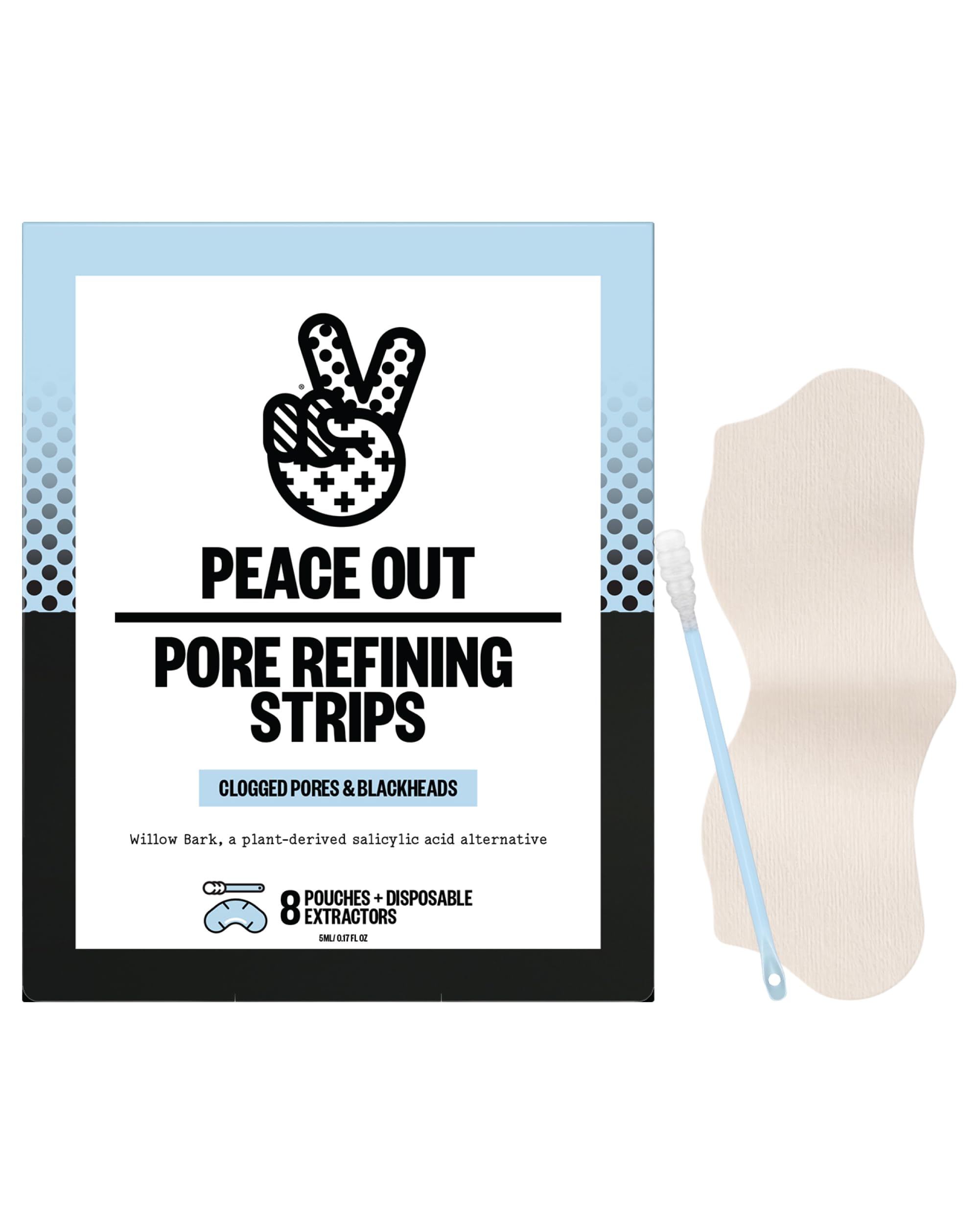 PEACE OUT front packaging showing pore strips for quick clearer skin