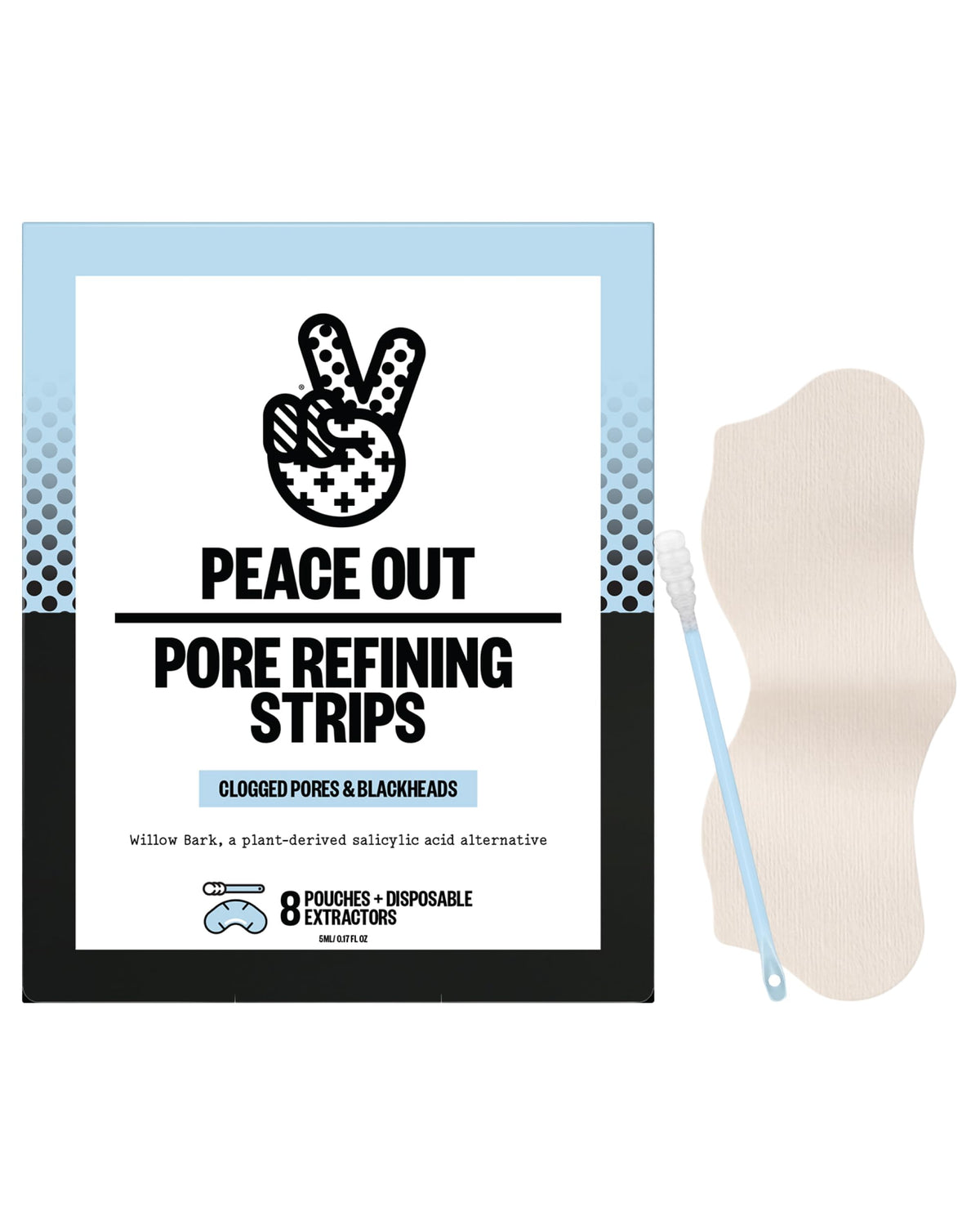 PEACE OUT front packaging showing pore strips for quick clearer skin